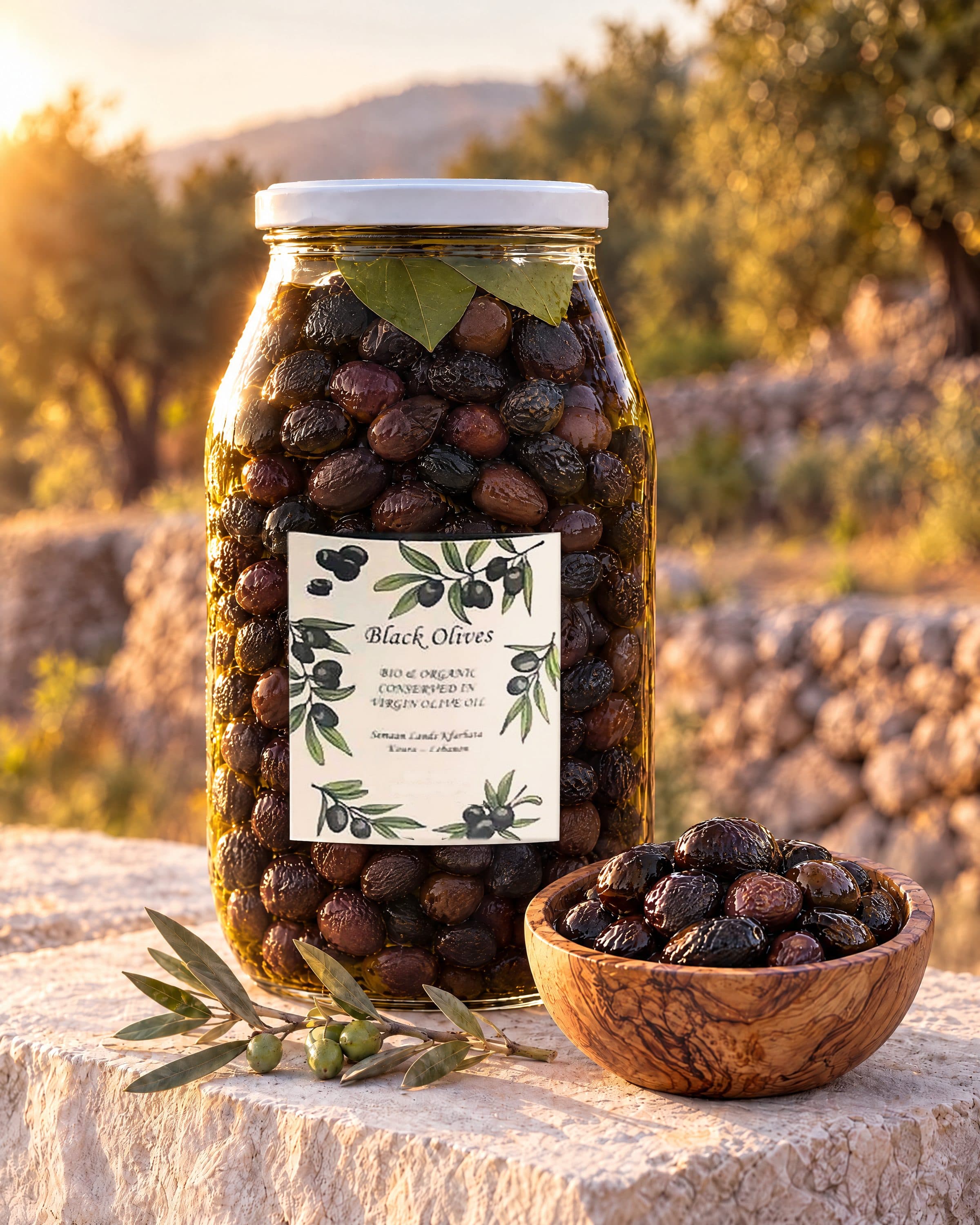 Our 5 kg jar of black olives in olive oil on a limestone block in the grove, with a wooden bowl of them in front