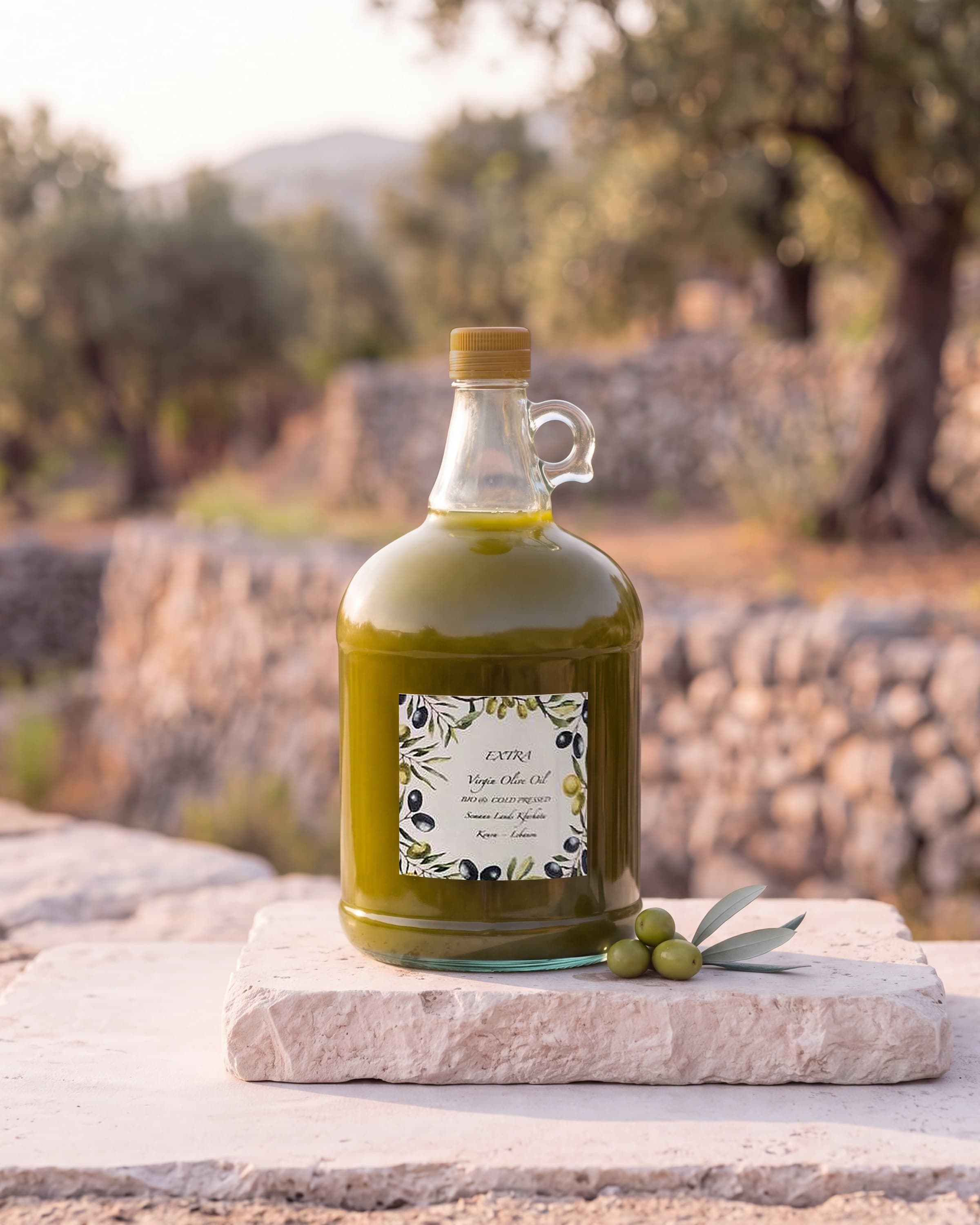 Studio photo of our real gallon jug of new olive oil on a limestone block, with an olive sprig and a blurred stone terrace behind