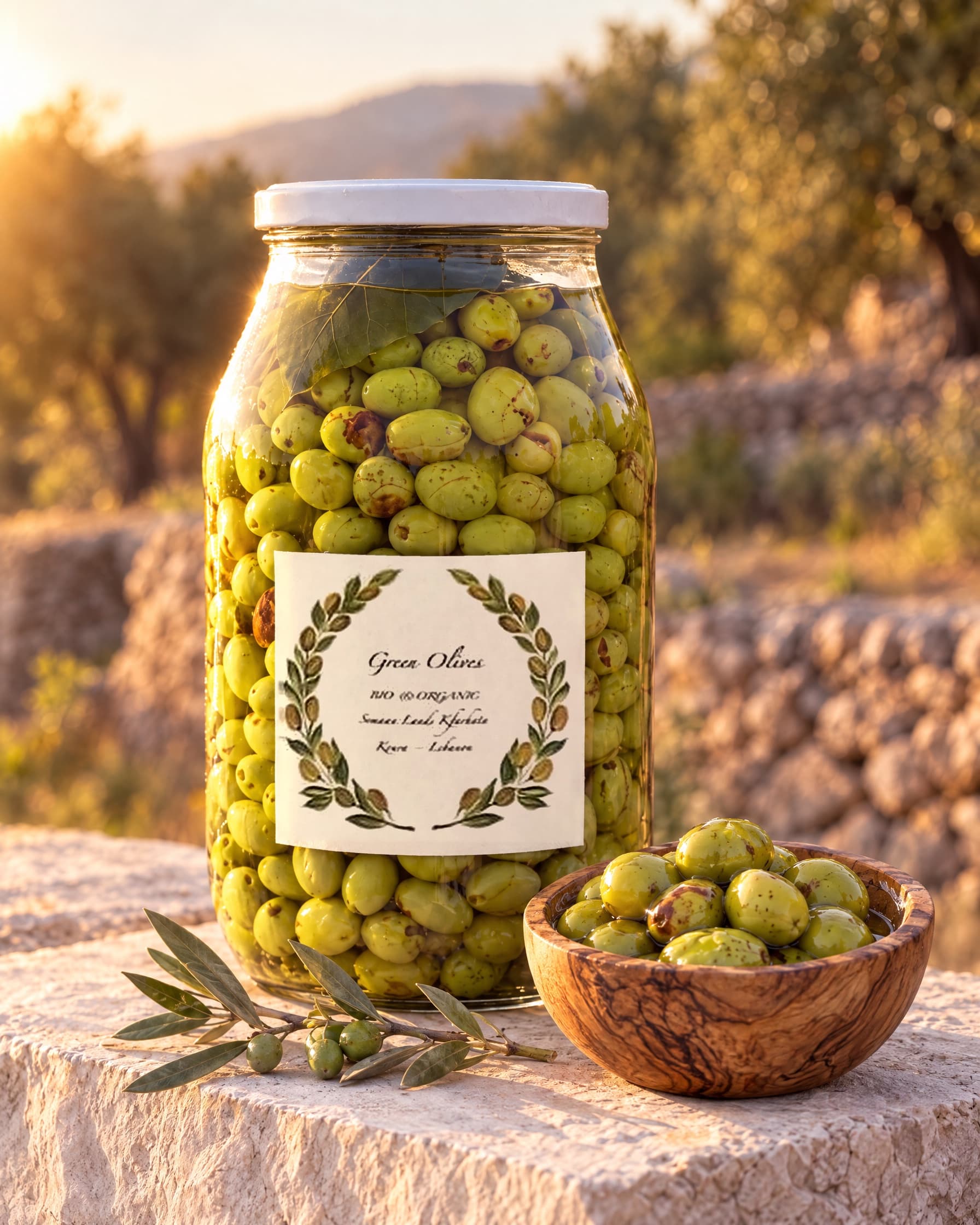 Our 5 kg jar of whole green olives on a limestone block in the grove, with a wooden bowl of them in front