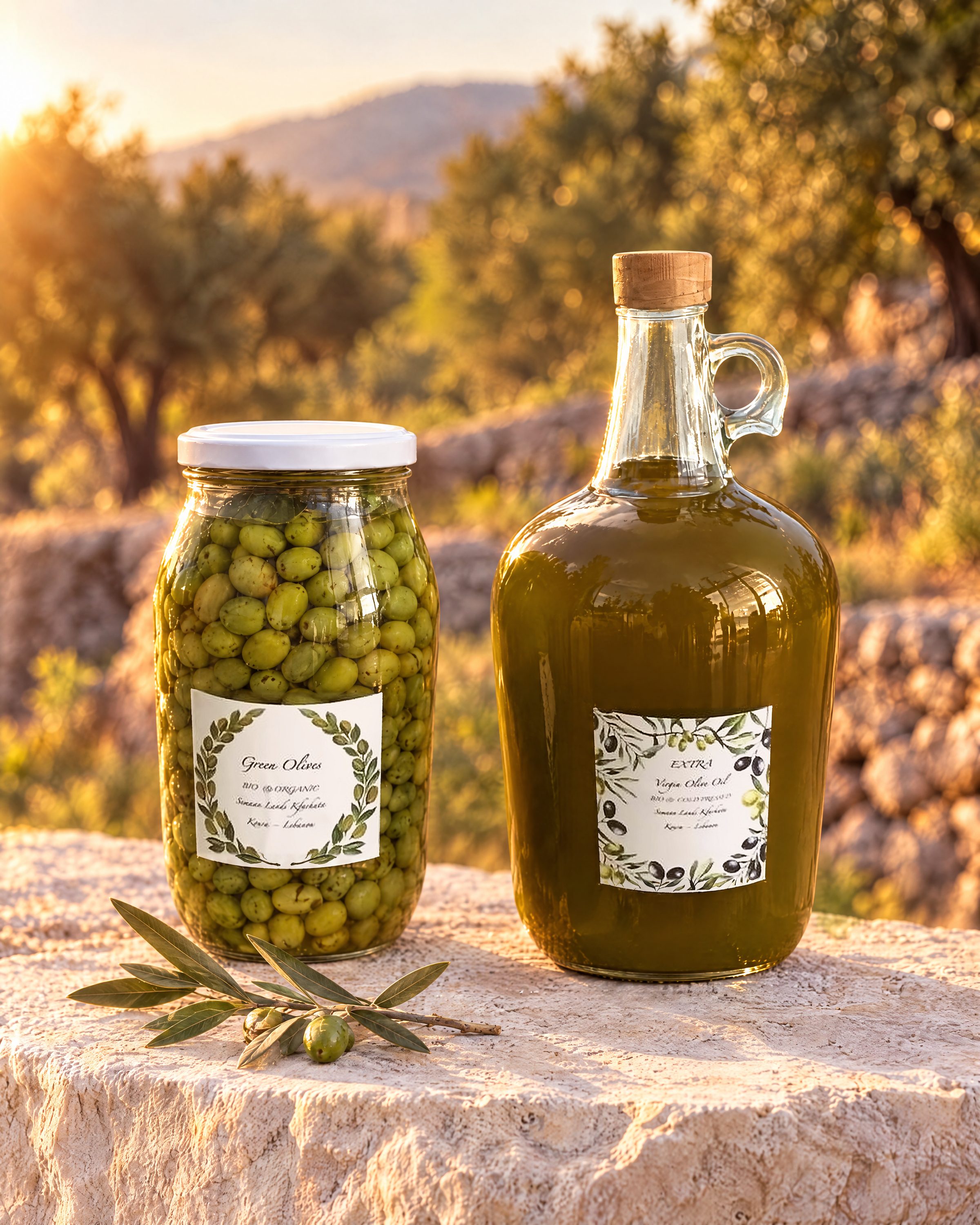 A studio photo of our glass jug of cloudy green new oil and our jar of green olives, each with its label